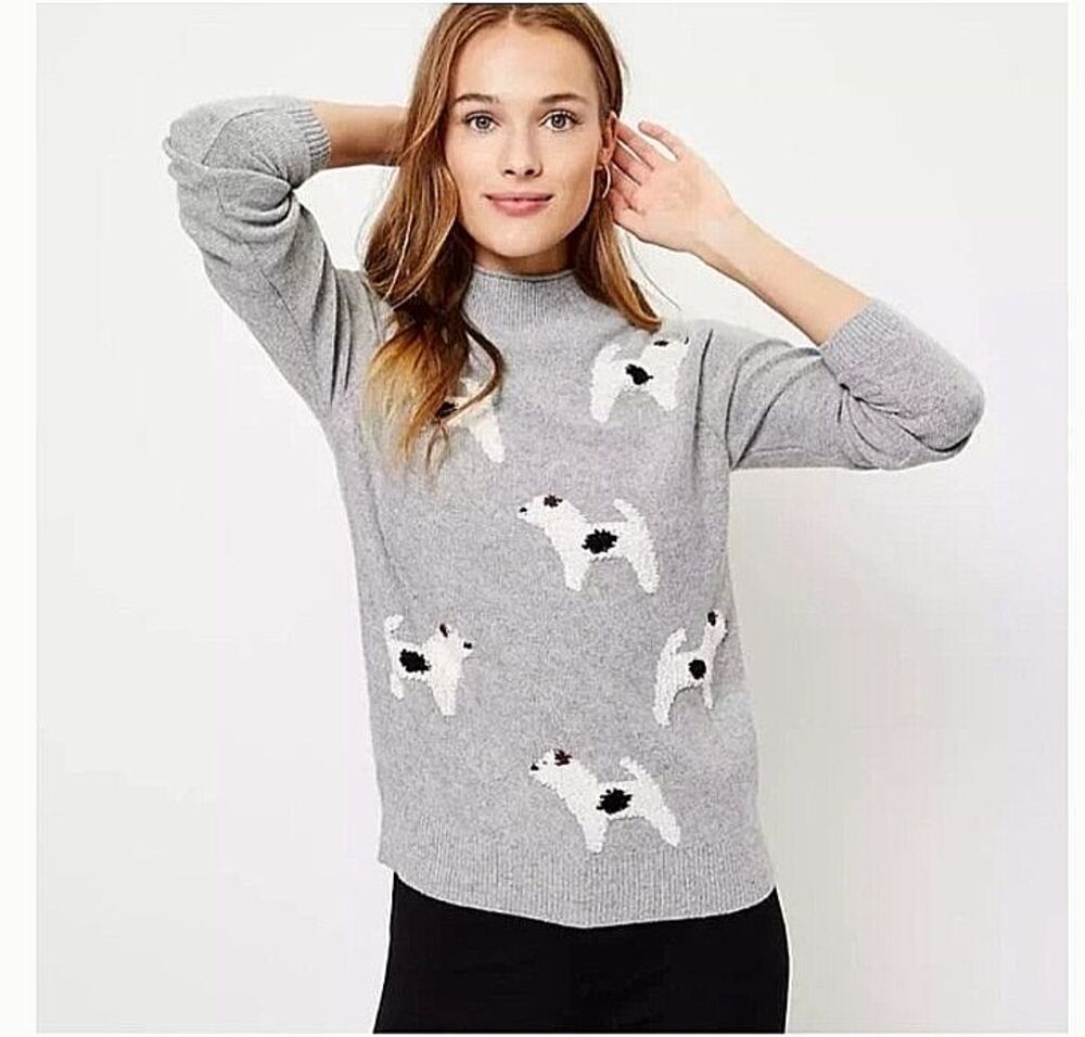 LOFT Gray Dog Print Sweater Wool Cotton Blend Textured Knit Small Puff Shoulder